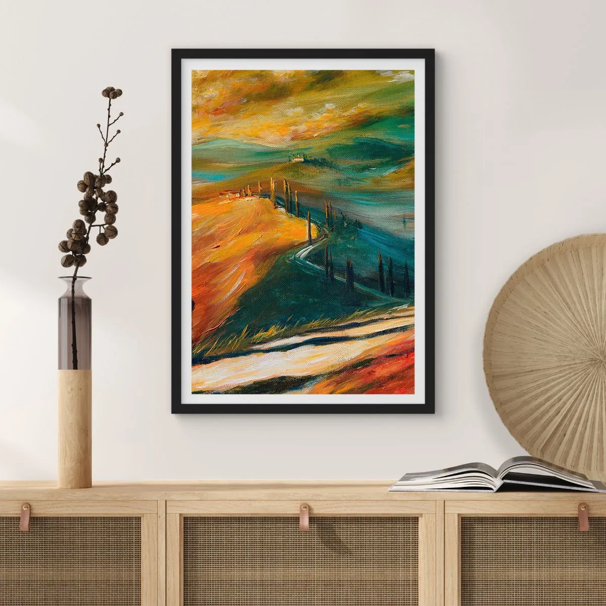 Poster in einem schwarzem Rahmen - Eine Landschaft in intensiven Farben, eine Straße durch die Hügel - 50x70cm - Toskanische Landschaft - Moderne Wanddekoration für Wohnzimmer und Schlafzimmer ARTTOR