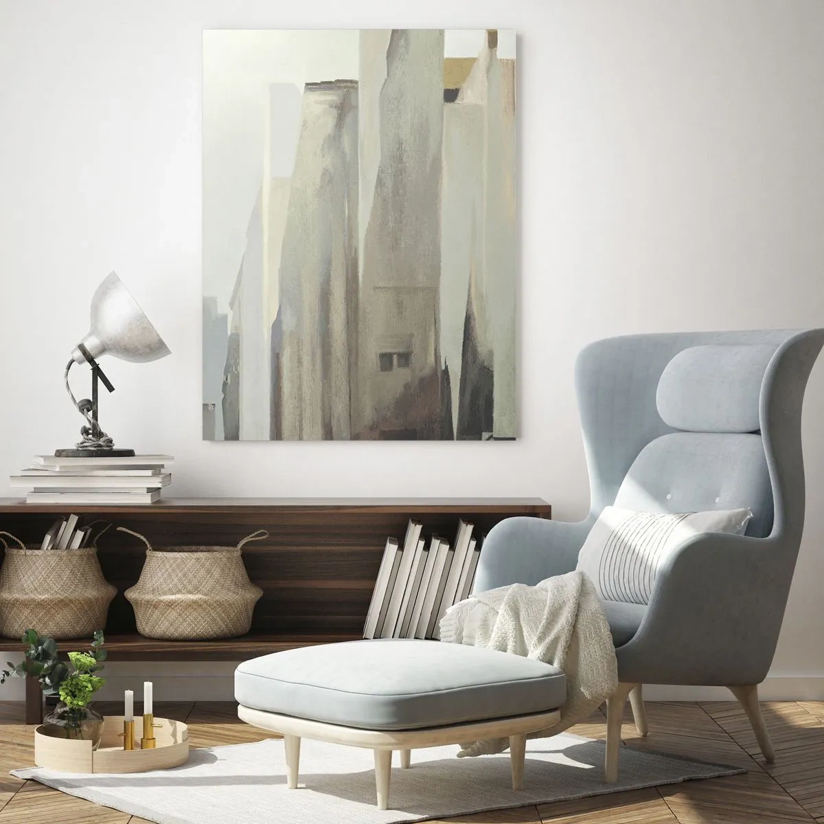 Glasbild - Bild auf glas - Eine abstrakte Vision von städtischen Gebäuden in einer gedämpften Farbpalette - 50x70cm - Traum von der Stadt - Moderne Wanddekoration für Wohnzimmer und Schlafzimmer ARTTOR