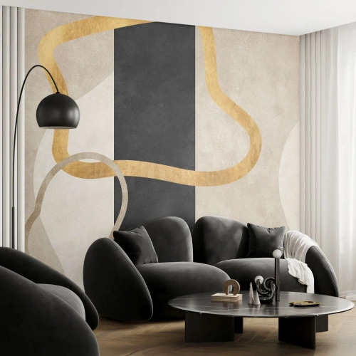 Fototapete Premium Sand - Goldene und beige Linien vor einem schwarz-cremefarbenen Hintergrund - 100x70cm - Schleifenformen - Moderne Wanddekoration für Wohnzimmer und Schlafzimmer ARTTOR
