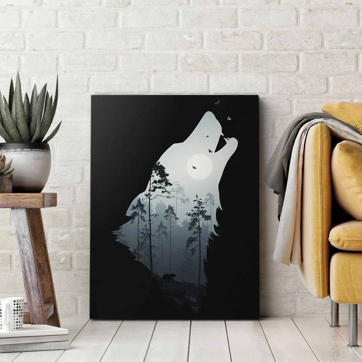 Bild auf Leinwand - Leinwandbild - Silhouette eines Wolfes mit Wald und Mond im Hintergrund - 50x70cm - Die Stimme der Waldnacht - Moderne Wanddekoration für Wohnzimmer und Schlafzimmer ARTTOR