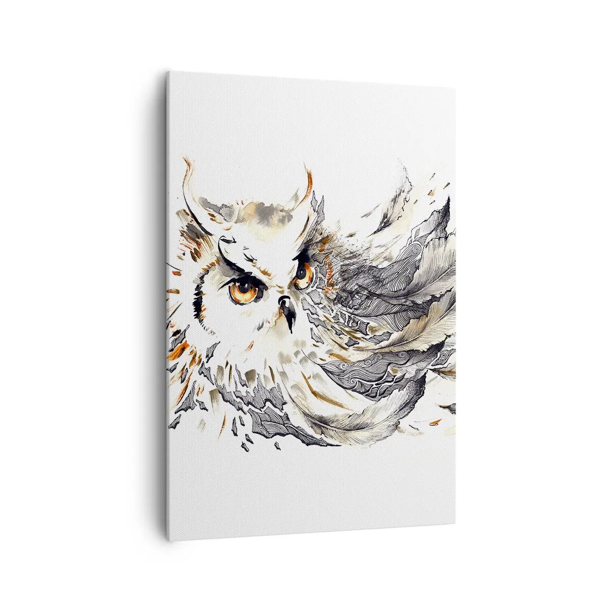 Bild auf Leinwand - Leinwandbild - Eine Eule mit mystischen Federn in einer künstlerischen Aquarellform - 70x100cm - Sie kam aus der Welt der Magie - Moderne Wanddekoration für Wohnzimmer und Schlafzimmer ARTTOR