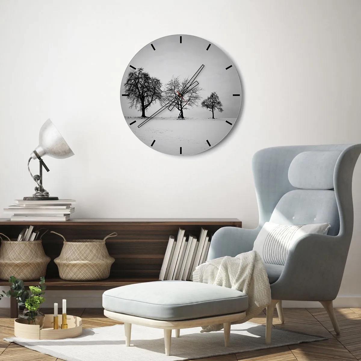 Wanduhr - Glasuhr - Drei einsame Bäume auf einem schneebedeckten Feld in Schwarzweiß. - 30x30cm - Wovon träumen sie? - Moderne Wanddekoration für Wohnzimmer, Küche und Schlafzimmer ARTTOR
