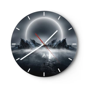 Wanduhr - Glasuhr - Futuristische Landschaft mit Sonnenfinsternis und scharfen Felsen - 30x30cm - Ende der Geschichte - Moderne Wanddekoration für Wohnzimmer, Küche und Schlafzimmer ARTTOR