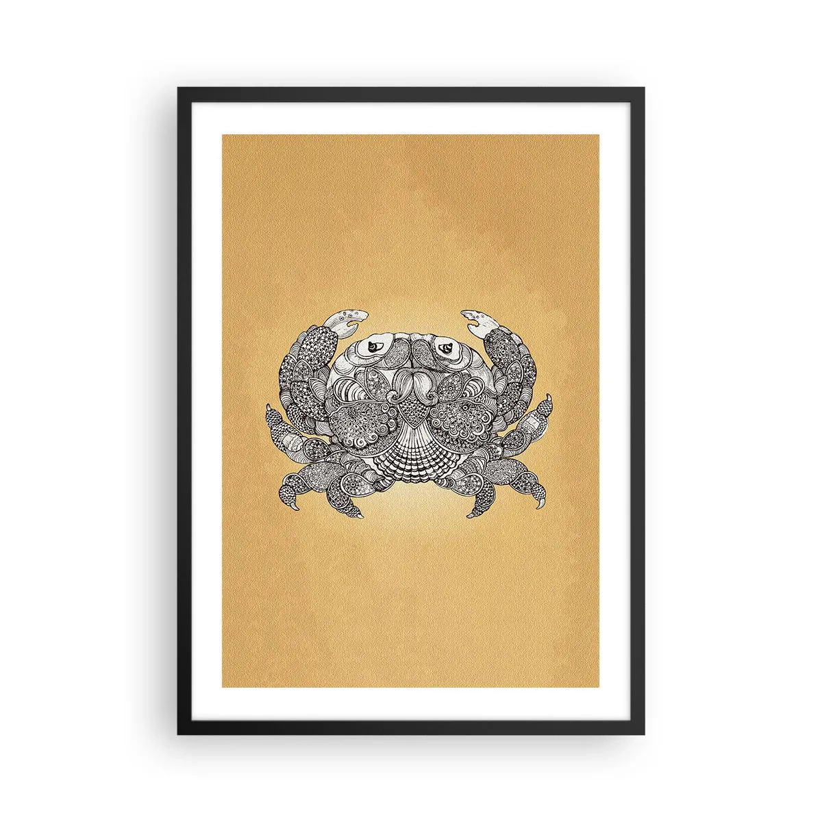 Poster in einem schwarzem Rahmen - Dekorative Illustration einer Krabbe mit zartem Muster auf goldenem Hintergrund - 50x70cm - Geschichten von Mr. Krabs - Moderne Wanddekoration für Wohnzimmer und Schlafzimmer ARTTOR