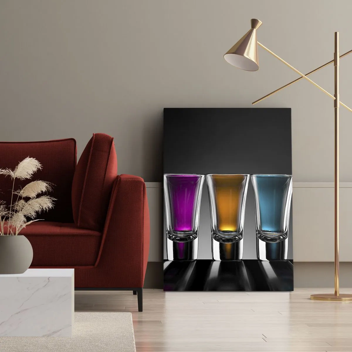 Bild auf Leinwand - Leinwandbild - Bunte Gläser auf schwarzem Hintergrund - 50x70cm - Die Farben der Freude - Moderne Wanddekoration für Wohnzimmer und Schlafzimmer ARTTOR