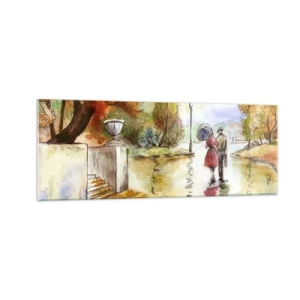 Glasbild - Bild auf glas - Ein Spaziergang im Herbstpark mit einem Regenschirm - 140x50cm - Romantischer Herbst im Park - Moderne Wanddekoration für Wohnzimmer und Schlafzimmer ARTTOR
