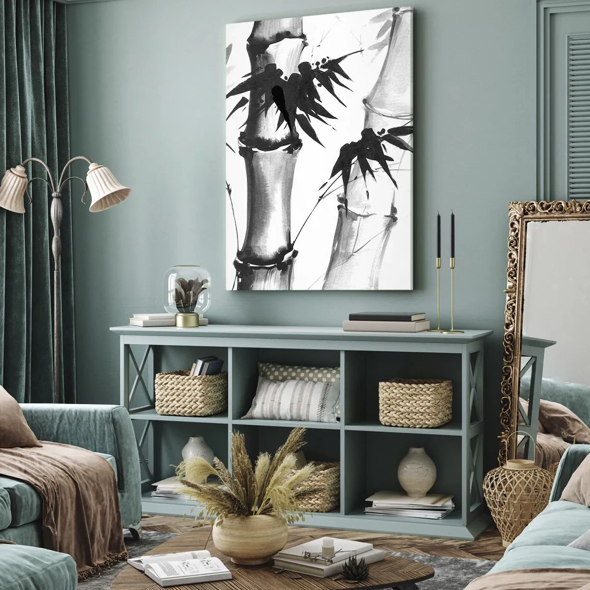 Bild auf Leinwand - Leinwandbild - Aquarell-Bambus im japanischen Stil auf weißem Hintergrund - 80x120cm - Dem Orient ganz nah - Moderne Wanddekoration für Wohnzimmer und Schlafzimmer ARTTOR