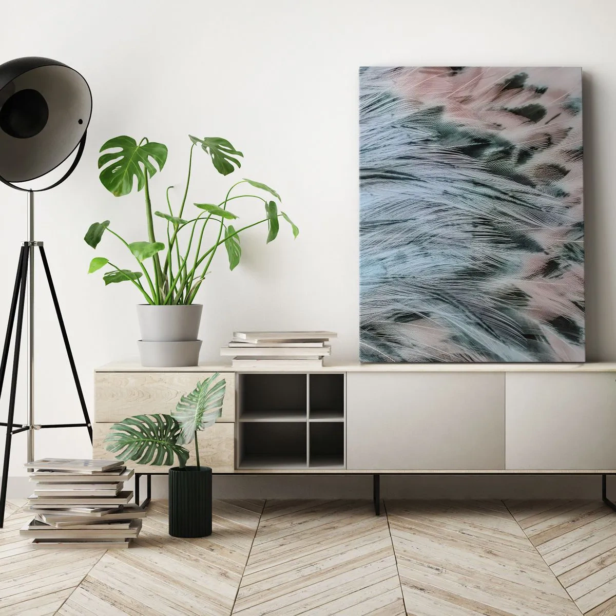 Bild auf Leinwand - Leinwandbild - Nahaufnahme von Federn in pastellfarbenen Saphir-Rosa-Farben - 80x120cm - Saphirrosa Daunen - Moderne Wanddekoration für Wohnzimmer und Schlafzimmer ARTTOR