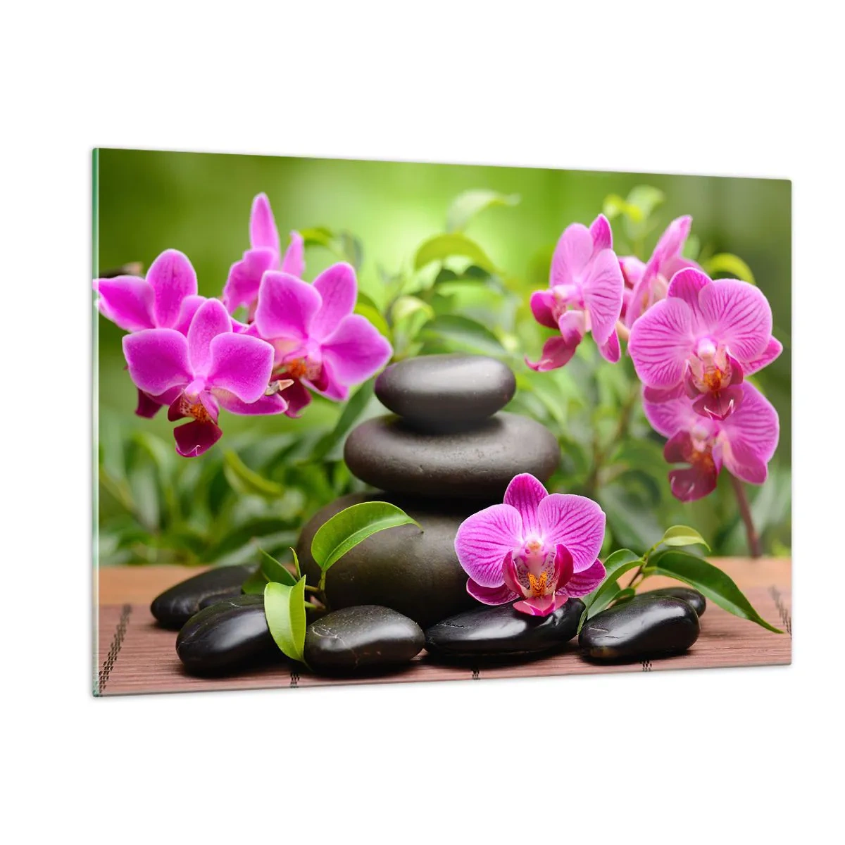 Glasbild - Bild auf glas - Rosa Orchideen und schwarze Steine in einer ruhigen Umgebung - 120x80cm - Die Pyramide des Friedens - Moderne Wanddekoration für Wohnzimmer und Schlafzimmer ARTTOR