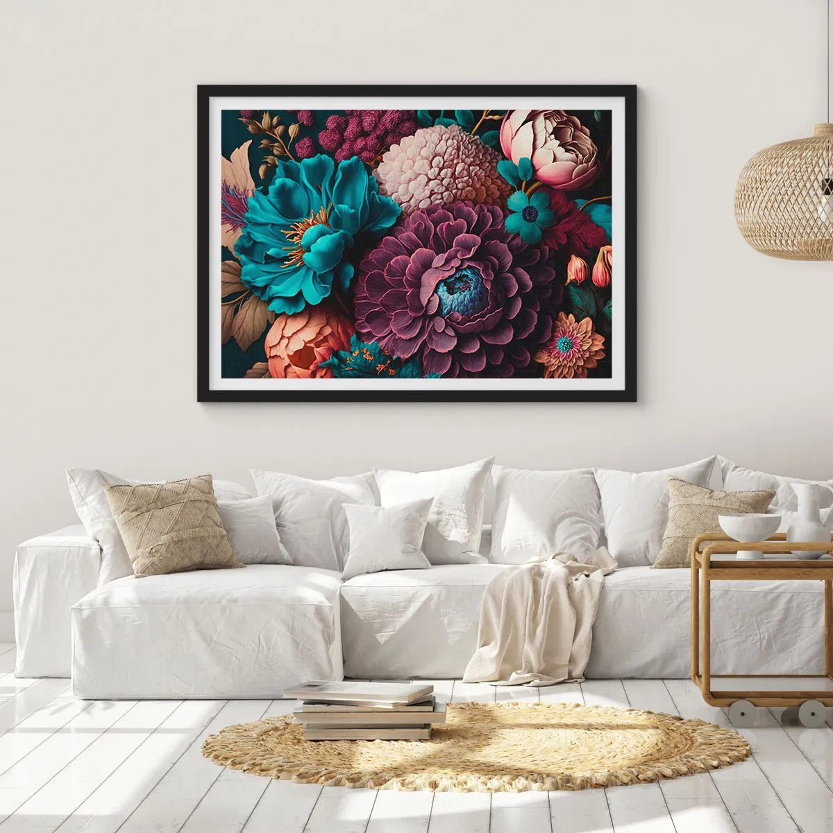 Poster in einem schwarzem Rahmen - Ein Blumenstrauß in intensiven Farben auf dunklem Hintergrund - 100x70cm - Natur in Hülle und Fülle - Moderne Wanddekoration für Wohnzimmer und Schlafzimmer ARTTOR