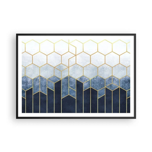 Poster in einem schwarzem Rahmen - Geometrisches Muster in Gold- und Marineblautönen - 100x70cm - Komposition im synkopischen Rhythmus - Moderne Wanddekoration für Wohnzimmer und Schlafzimmer ARTTOR