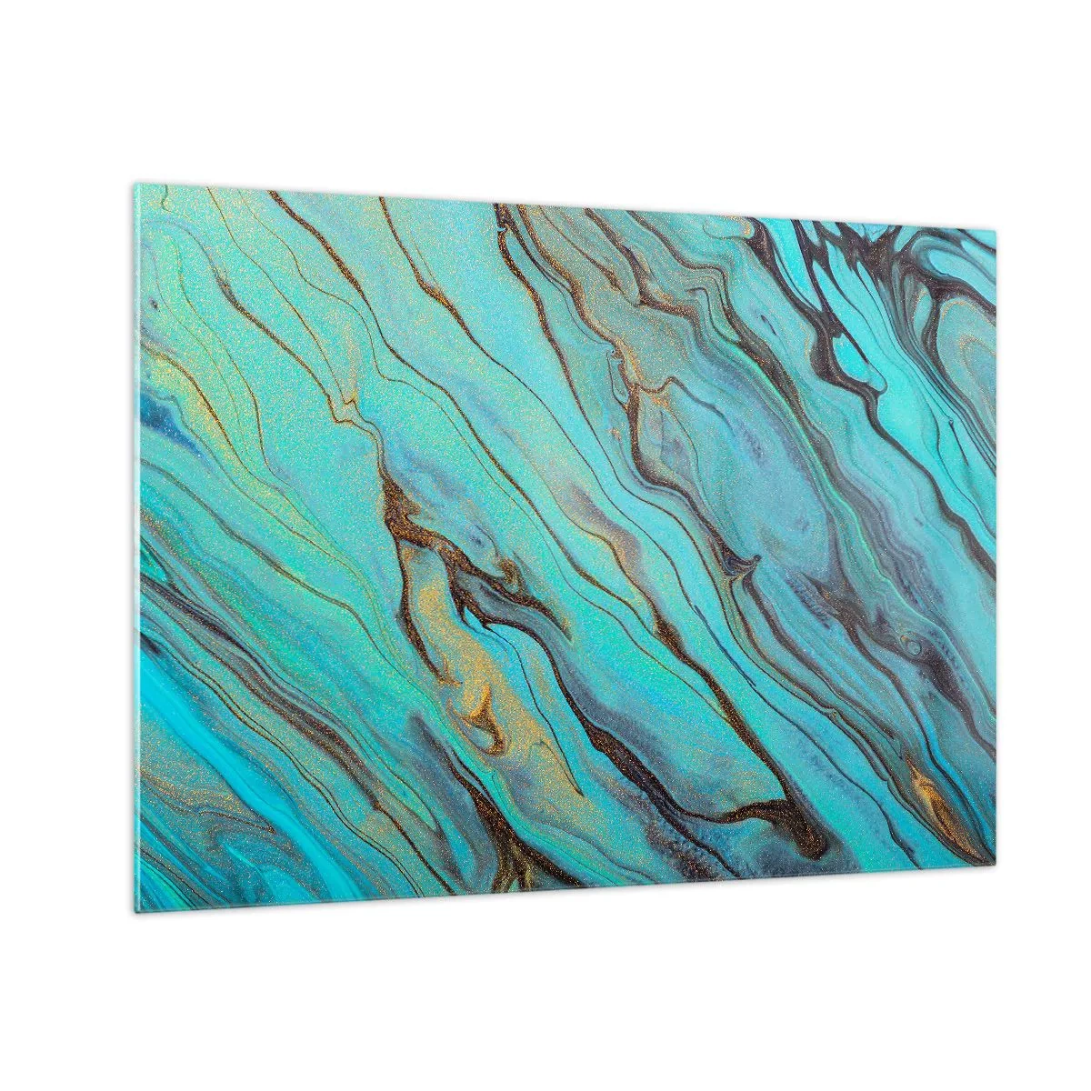 Glasbild - Bild auf glas - Abstrakte Streifen in Türkis und Gold - 70x50cm - Türkisfarbene Flut - Moderne Wanddekoration für Wohnzimmer und Schlafzimmer ARTTOR