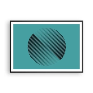 Poster in einem schwarzem Rahmen - Ein minimalistischer Kreis mit Linien auf türkisfarbenem Hintergrund. - 100x70cm - Kreis – eine geometrische Variante - Moderne Wanddekoration für Wohnzimmer und Schlafzimmer ARTTOR