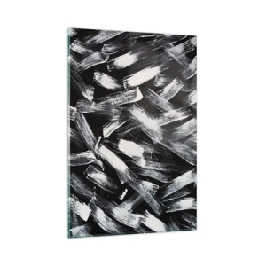 Glasbild - Bild auf glas - Dynamische Abstraktion mit weißen Pinselstrichen auf schwarzem Hintergrund. - 80x120cm - Abstraktion im industriellen Geist - Moderne Wanddekoration für Wohnzimmer und Schlafzimmer ARTTOR