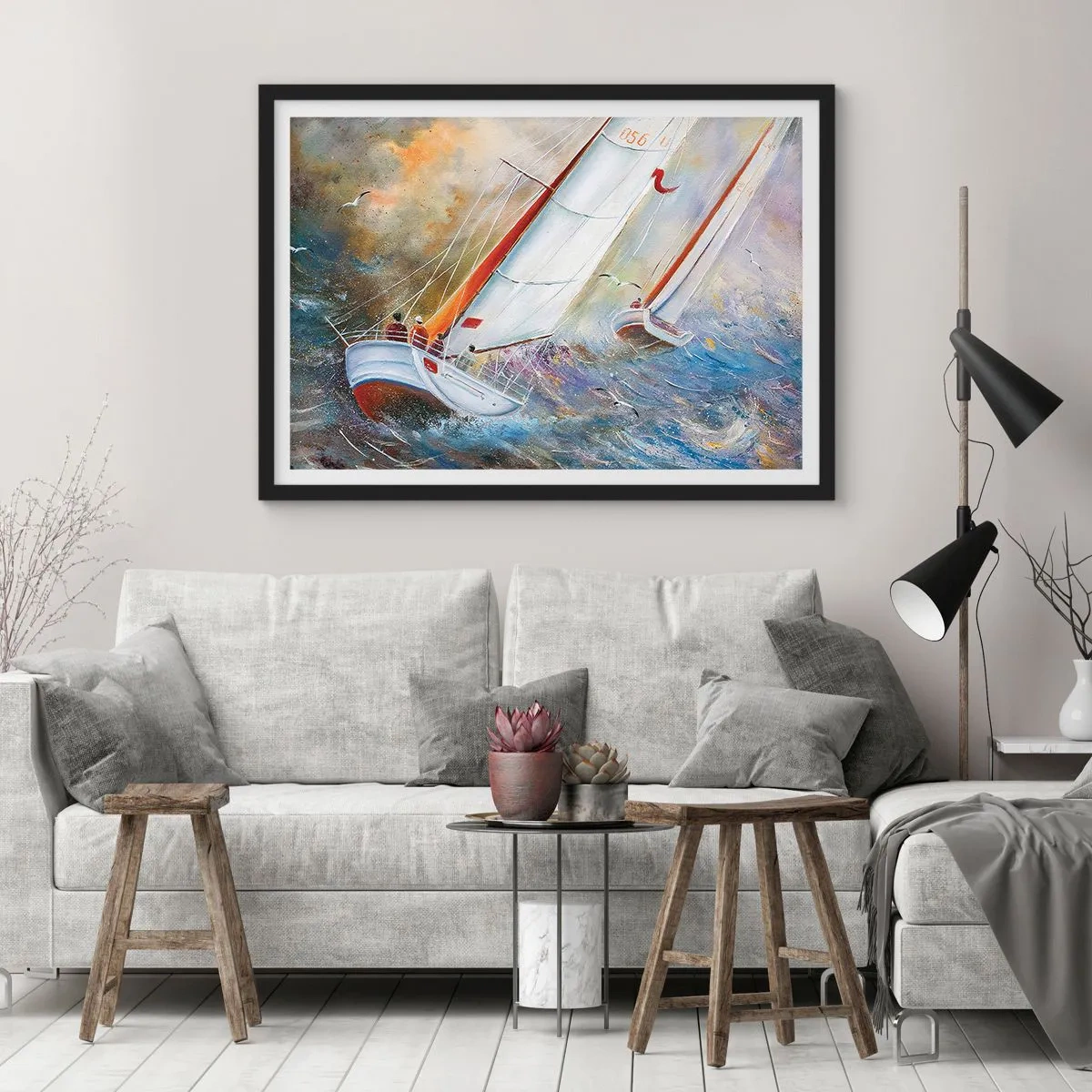 Poster in einem schwarzem Rahmen - Durch die Wellen laufend - 91x61 cm