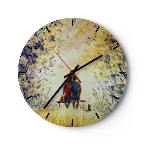 Wanduhr - Glasuhr - Ein Paar sitzt auf einer Bank im goldenen Licht der Natur - 30x30cm - Magischer Augenblick - Moderne Wanddekoration für Wohnzimmer, Küche und Schlafzimmer ARTTOR