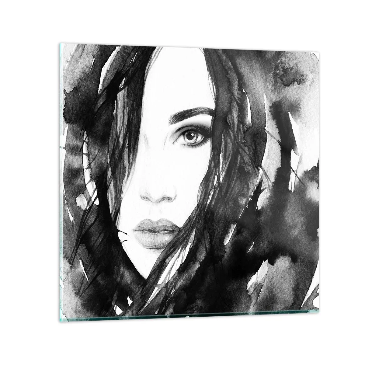 Glasbild - Bild auf glas - Porträt einer Dame in Schwarzweiß - 70x70 cm
