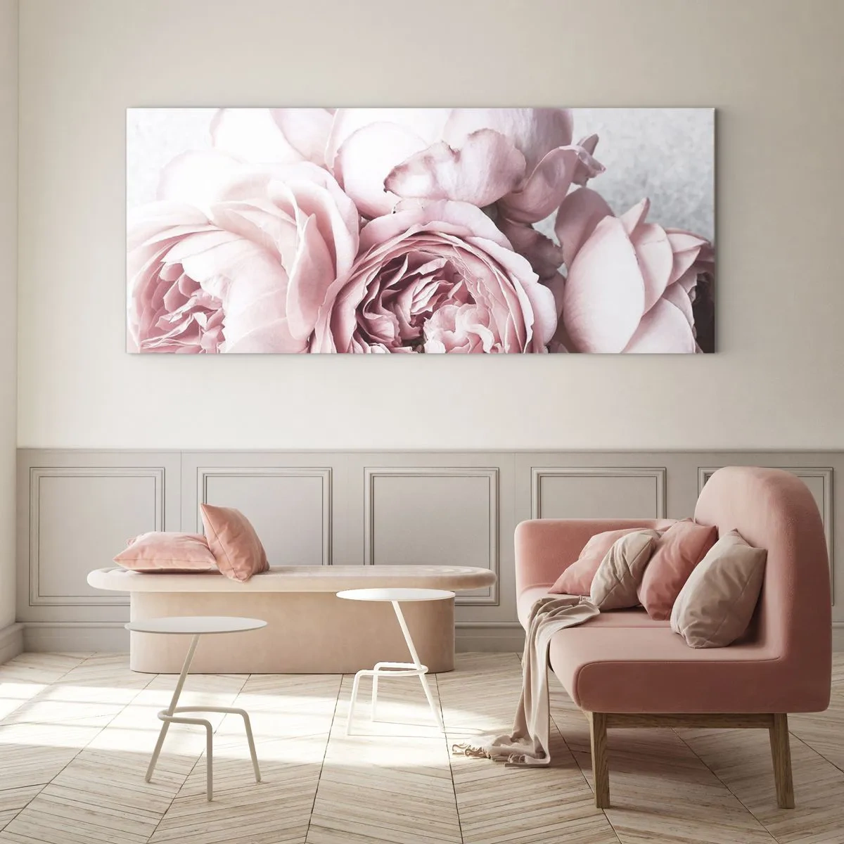 Glasbild - Bild auf glas - Rosa Pfingstrosen in sanftem Licht vor hellem Hintergrund - 160x50cm - Für Romantiker - Moderne Wanddekoration für Wohnzimmer und Schlafzimmer ARTTOR