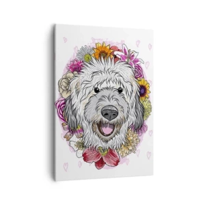 Bild auf Leinwand - Leinwandbild - Ein Hund umgeben von bunten Blumen - 50x70cm - Welpenfreude - Moderne Wanddekoration für Wohnzimmer und Schlafzimmer ARTTOR