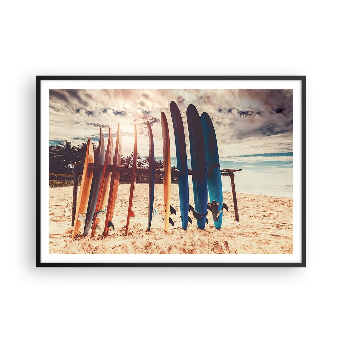 Poster in einem schwarzem Rahmen - Surfbretter am Strand bei Sonnenuntergang - 100x70cm - Gute Nacht bis morgen - Moderne Wanddekoration für Wohnzimmer und Schlafzimmer ARTTOR