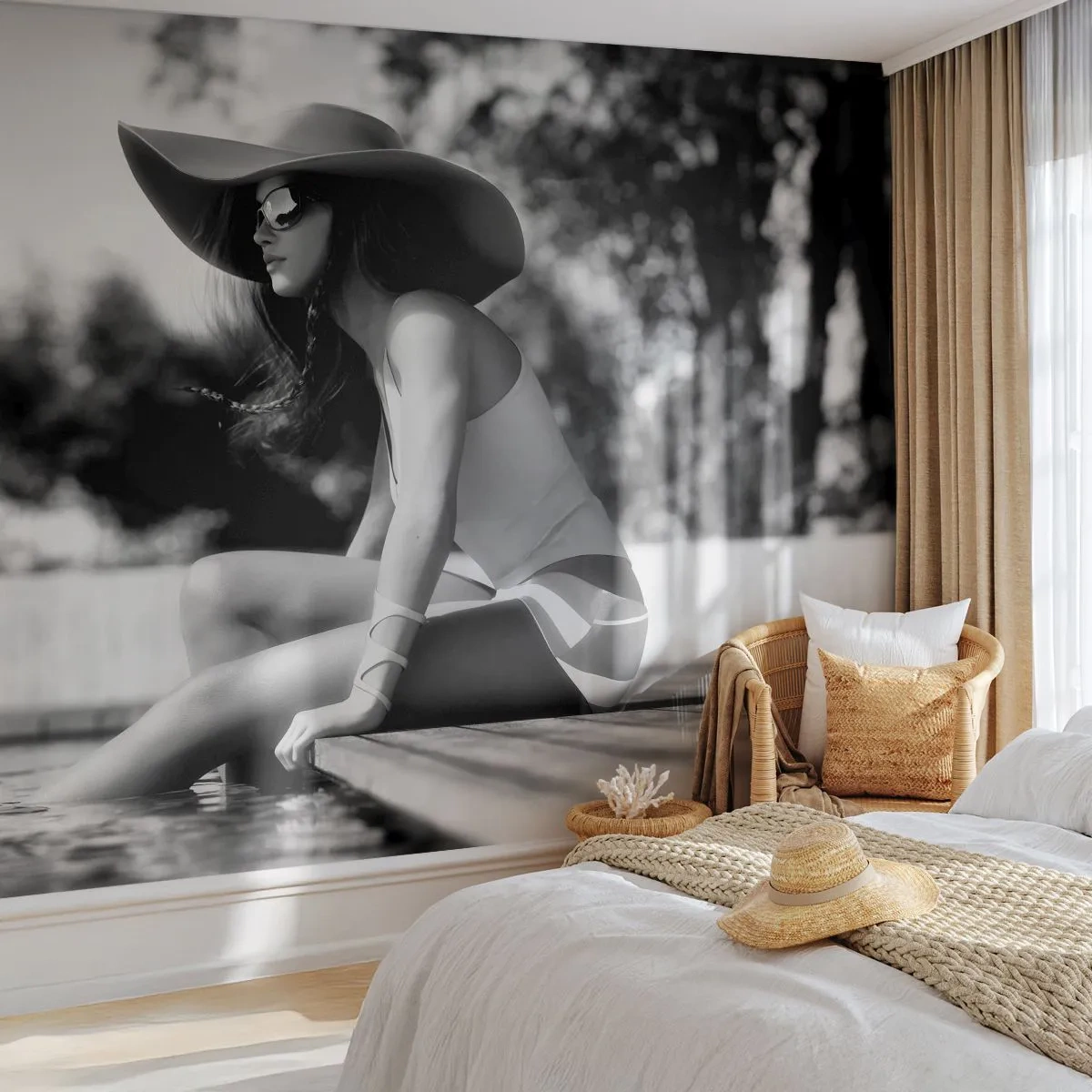 Selbstklebende Fototapete Deluxe Sticker - Sommertraum - Frau, Hut, Schwimmbad - 250x175 cm