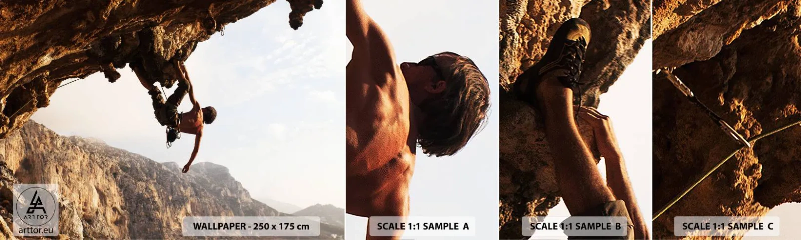 Fototapetenmuster Standard Eco - Die Welt ist in einer Hand auf einem Felsblock geschrumpft - Insel Kalymnos, Klettern, Landschaft - 100x30 cm