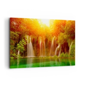 Bild auf Leinwand - Leinwandbild - Wasserfälle umgeben von Grün im Schein der untergehenden Sonne - 120x80cm - In der Sonne und im Schatten - Moderne Wanddekoration für Wohnzimmer und Schlafzimmer ARTTOR