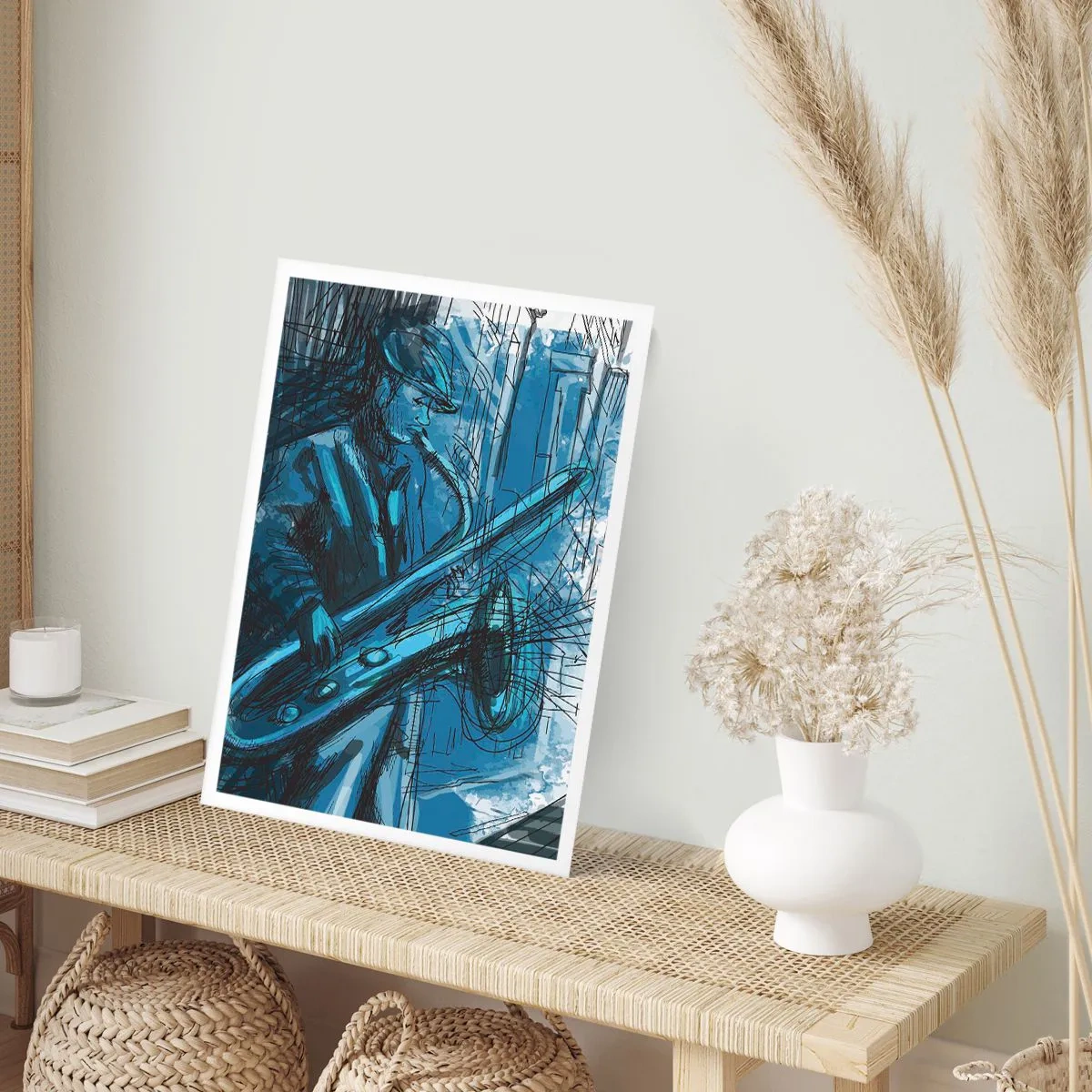 Poster - Künstlerische Skizze eines Saxophon spielenden Musikers - 50x70cm - Urbane Rhapsodie - Moderne Wanddekoration für Wohnzimmer und Schlafzimmer ARTTOR