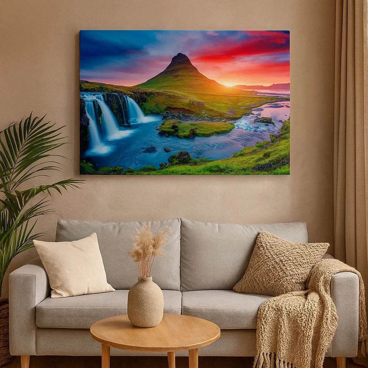 Bild auf Leinwand - Leinwandbild - Malerischer Wasserfall und Berg bei Sonnenuntergang - 70x50cm - Island - Feuer und Wasser - Moderne Wanddekoration für Wohnzimmer und Schlafzimmer ARTTOR