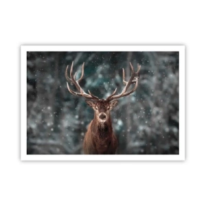 Poster - Hirsche in einem Winterwald mit fallendem Schnee - 100x70cm - Gekrönter König des Waldes - Moderne Wanddekoration für Wohnzimmer und Schlafzimmer ARTTOR