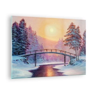 Glasbild - Bild auf glas - Winterlandschaft mit einer Brücke über einen Fluss bei Sonnenuntergang - 70x50cm - Vier Jahreszeiten - Winter - Moderne Wanddekoration für Wohnzimmer und Schlafzimmer ARTTOR