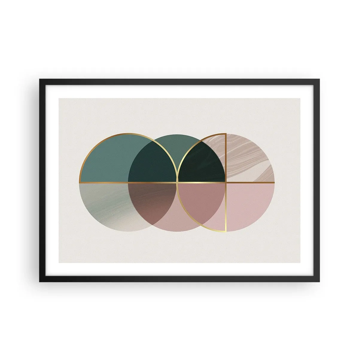 Poster in einem schwarzem Rahmen - Eine abstrakte Komposition aus geometrischen Formen und goldenen Linien. - 70x50cm - Ein Rad hinter dem anderen… - Moderne Wanddekoration für Wohnzimmer und Schlafzimmer ARTTOR