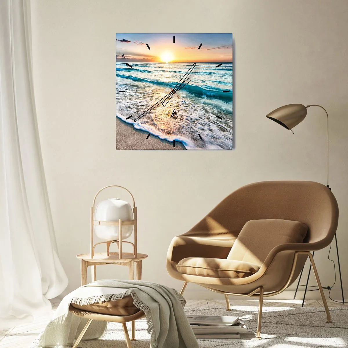 Wanduhr - Glasuhr - Sonnenaufgang über einem ruhigen Strand mit Wellen - 30x30cm - Ein Blick lohnt sich - Moderne Wanddekoration für Wohnzimmer und Schlafzimmer ARTTOR