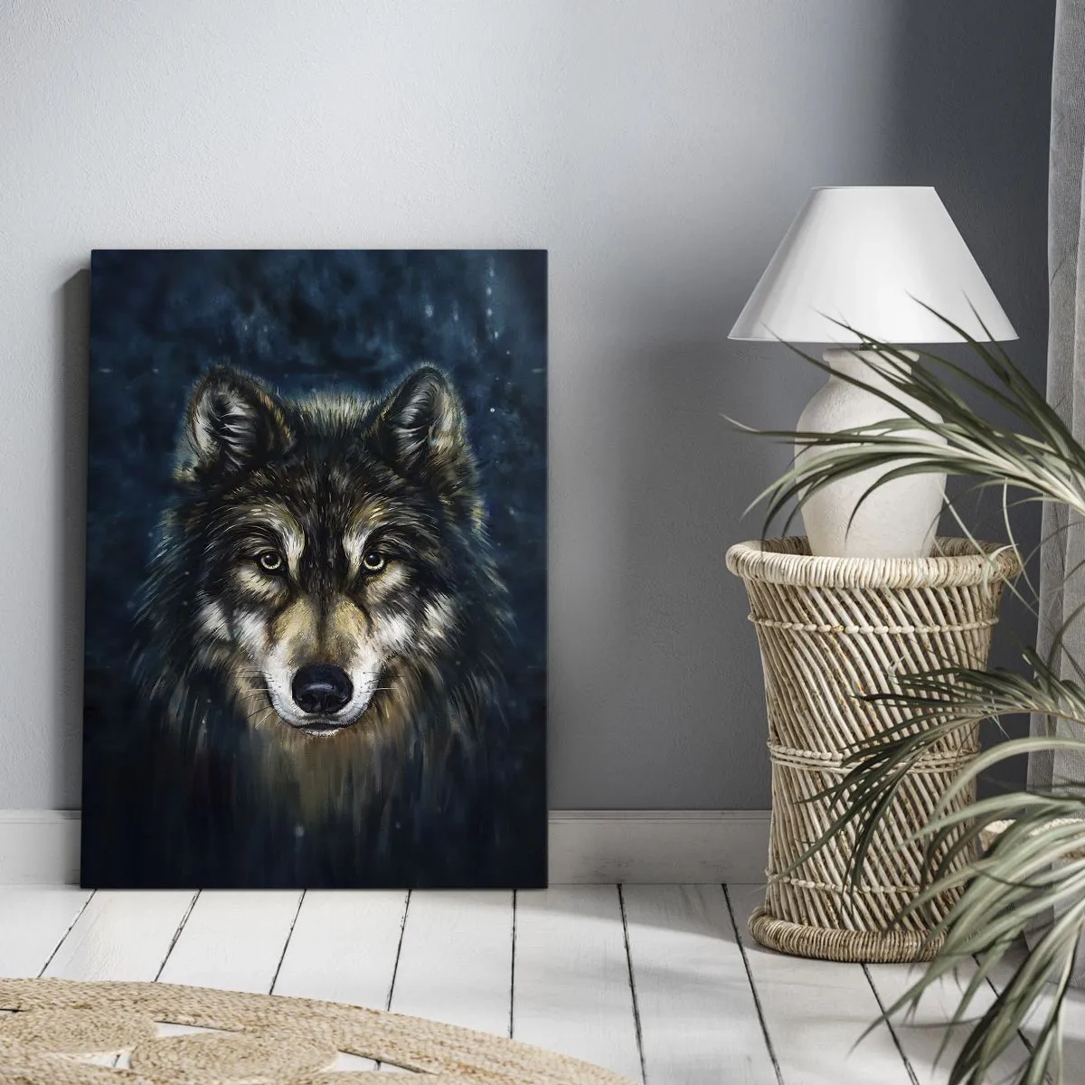 Bild auf Leinwand - Leinwandbild - Porträt eines Wolfes auf dunkelblauem Hintergrund - 50x70cm - Alpha? Und Omega - Moderne Wanddekoration für Wohnzimmer und Schlafzimmer ARTTOR