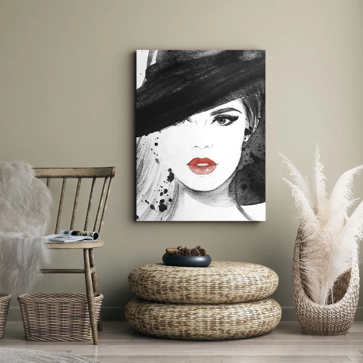 Bild auf Leinwand - Leinwandbild - Porträt einer Frau mit Hut und roten Lippen - 50x70cm - Frau in schwarz - Moderne Wanddekoration für Wohnzimmer und Schlafzimmer ARTTOR