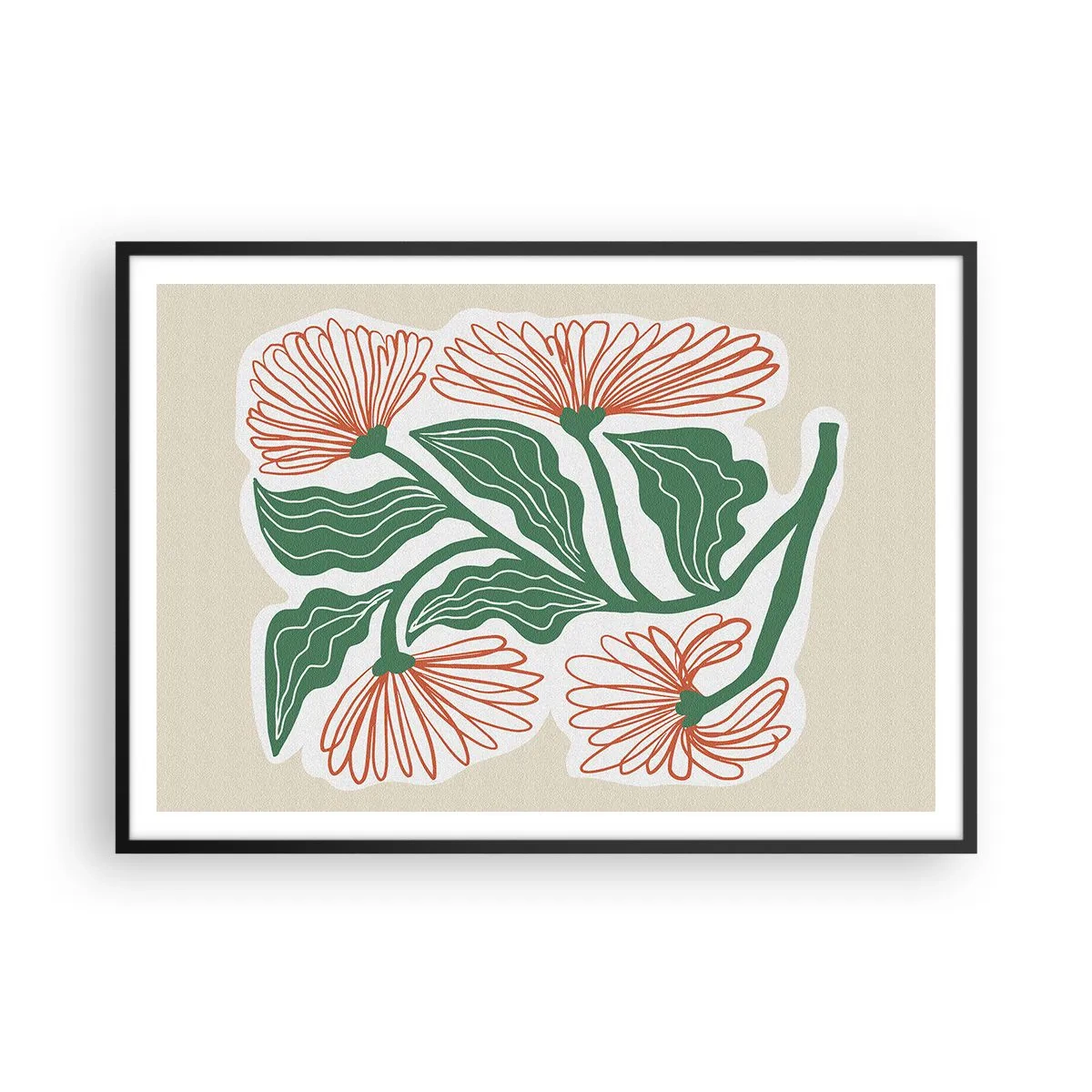 Poster in einem schwarzem Rahmen - Eine Blumenzeichnung im minimalistischen Stil mit grünen Blättern - 100x70cm - Im Folkstil und modern - Moderne Wanddekoration für Wohnzimmer und Schlafzimmer ARTTOR