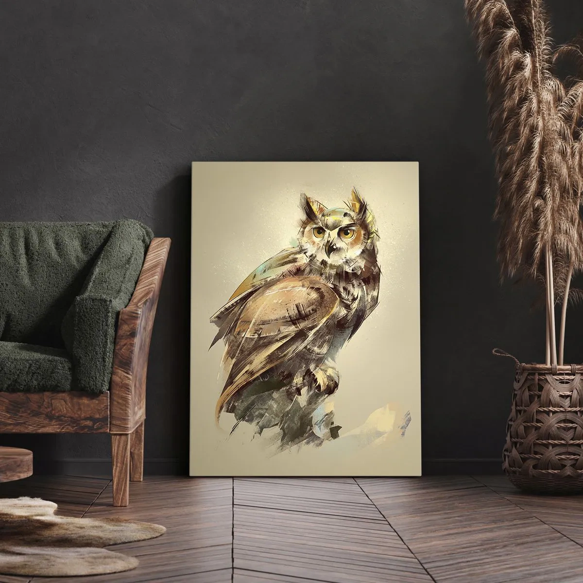 Bild auf Leinwand - Leinwandbild - Künstlerisches Porträt einer Eule vor hellem Hintergrund in warmen Farbtönen. - 50x70cm - Die klügste Eule - bestätigt den Eichenwald - Moderne Wanddekoration für Wohnzimmer und Schlafzimmer ARTTOR