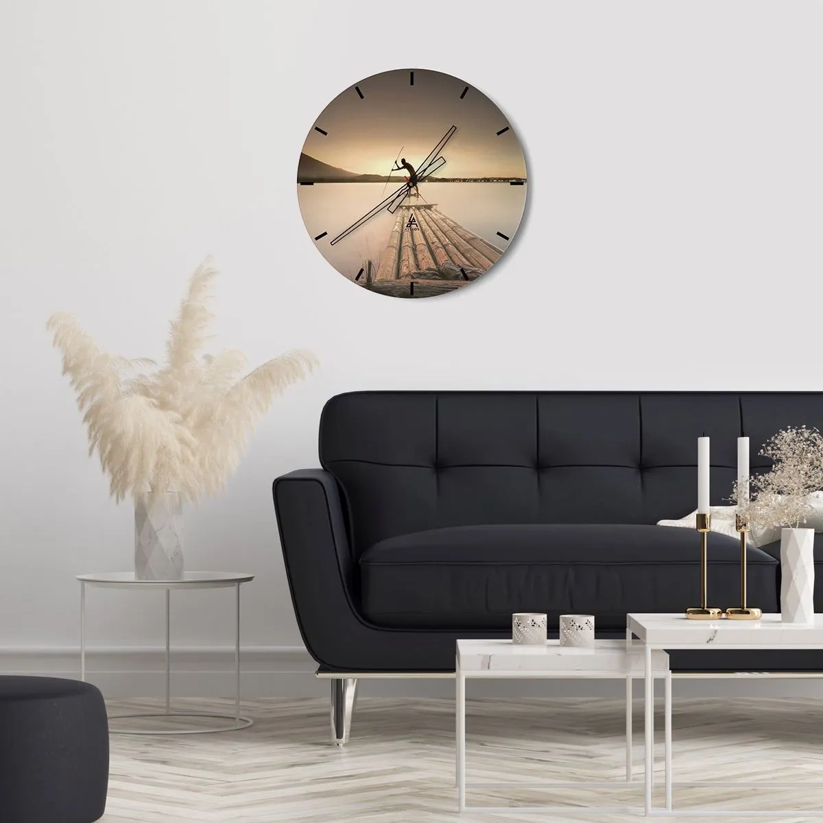 Wanduhr - Glasuhr - Mann auf einem Bambusfloß bei Sonnenuntergang - 30x30cm - Vor dem schlafen gehen - Moderne Wanddekoration für Wohnzimmer, Küche und Schlafzimmer ARTTOR