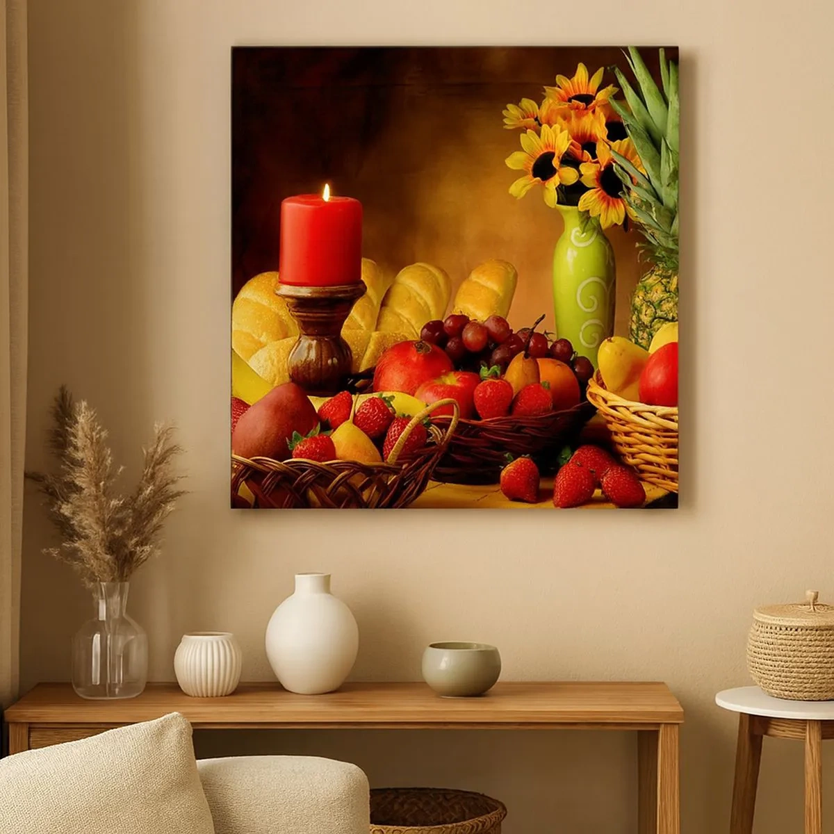 Bild auf Leinwand - Leinwandbild - Stillleben mit Brot und Obst - 30x30 cm