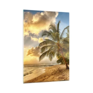 Glasbild - Bild auf glas - Palmenstrand bei Sonnenuntergang mit warmen Himmelsfarben - 50x70cm - Ewiger Sommer, immer Urlaub - Moderne Wanddekoration für Wohnzimmer und Schlafzimmer ARTTOR