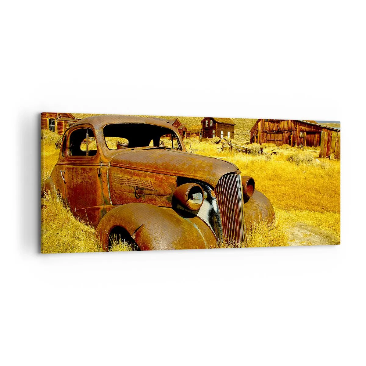 Bild auf Leinwand - Leinwandbild - Ein altes rostiges Auto vor dem Hintergrund verlassener Holzhütten - 120x50cm - Eine wohlverdiente Ruhe - Moderne Wanddekoration für Wohnzimmer und Schlafzimmer ARTTOR