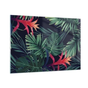 Glasbild - Bild auf glas - Exotische Blätter und Blüten auf dunklem Hintergrund - 100x70cm - Im Grünen in Flammen gehen - Moderne Wanddekoration für Wohnzimmer und Schlafzimmer ARTTOR
