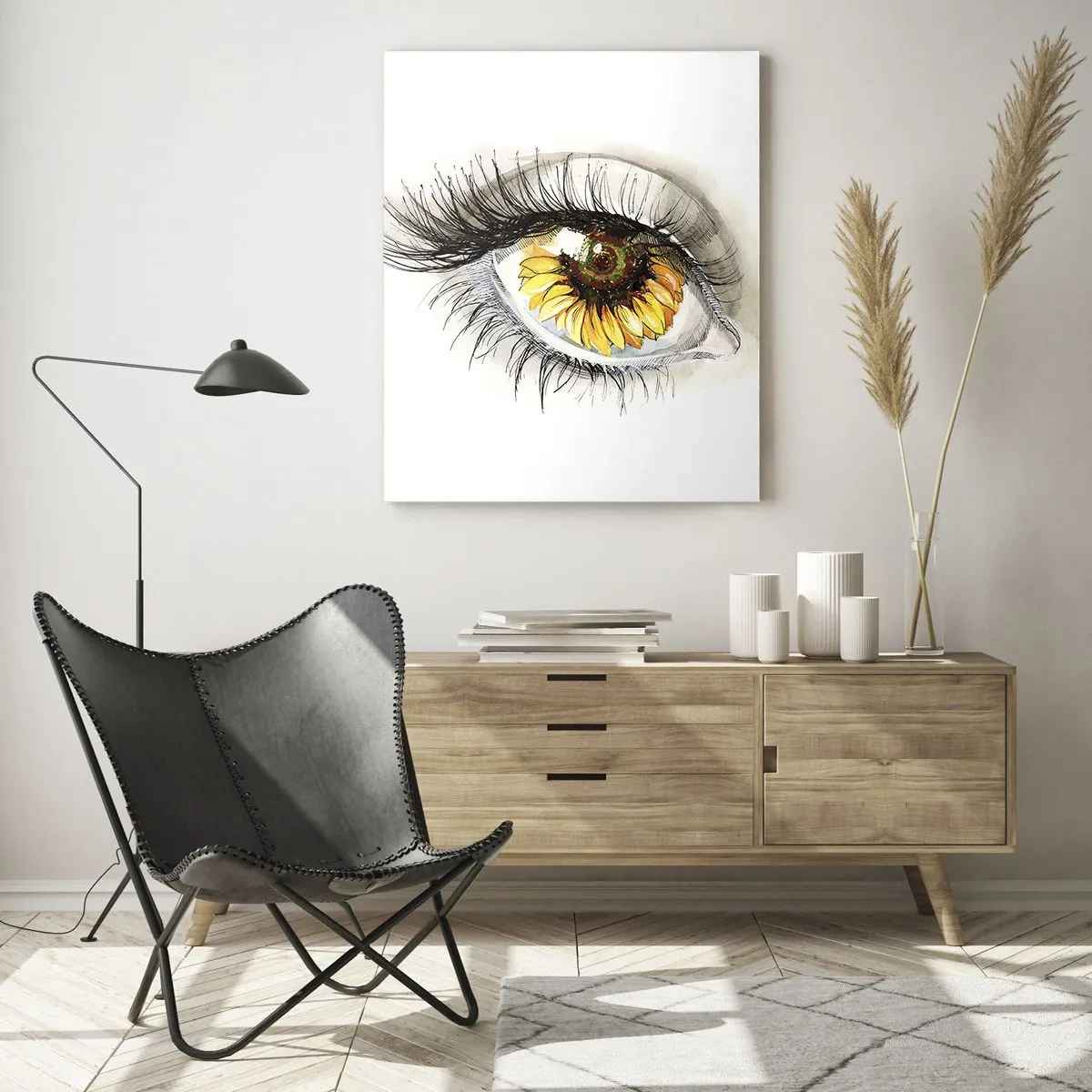 Glasbild - Bild auf glas - Künstlerisches Auge mit sonnenblumenförmiger Iris - 80x120cm - Ein Look so heiß wie der Sommer - Moderne Wanddekoration für Wohnzimmer und Schlafzimmer ARTTOR