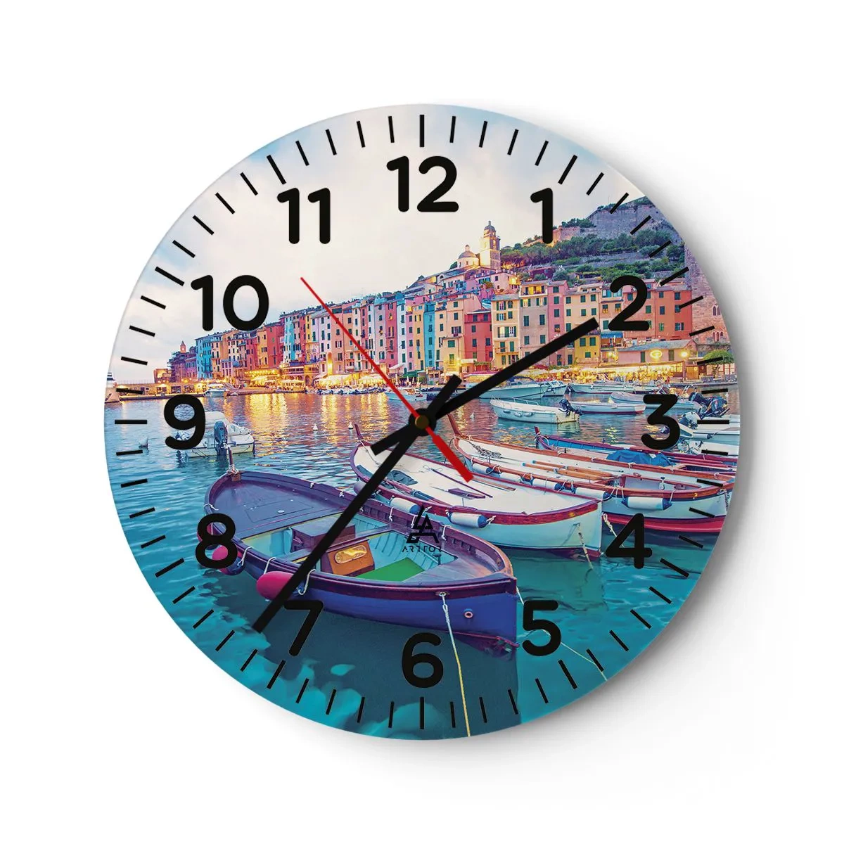 Wanduhr - Glasuhr - Bunter Abend im Hafen - 30x30 cm