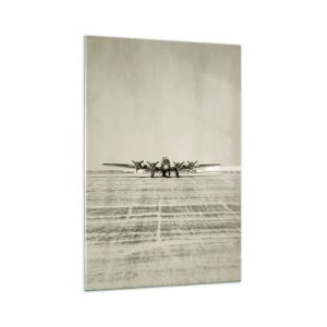 Glasbild - Bild auf glas - Historisches Flugzeug auf dem Flughafen in Sepia - 70x100cm - Wie immer bereit - Moderne Wanddekoration für Wohnzimmer und Schlafzimmer ARTTOR