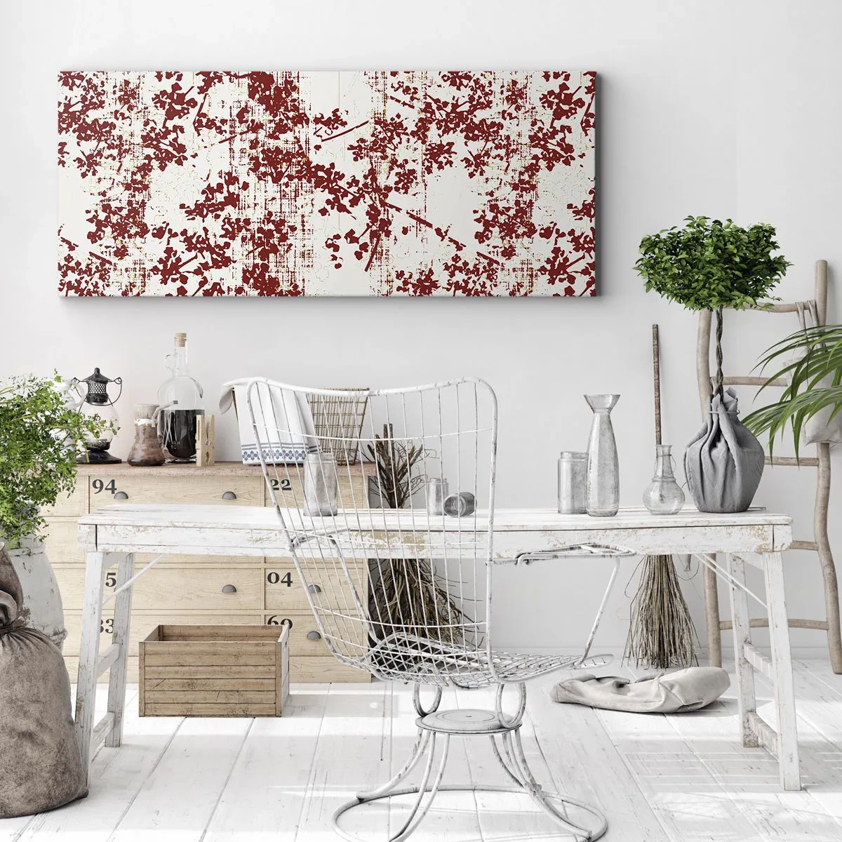 Bild auf Leinwand - Leinwandbild - Rote Blumen auf weißem Hintergrund im künstlerischen Stil - 120x50cm - Wie alter Perkal - Moderne Wanddekoration für Wohnzimmer und Schlafzimmer ARTTOR