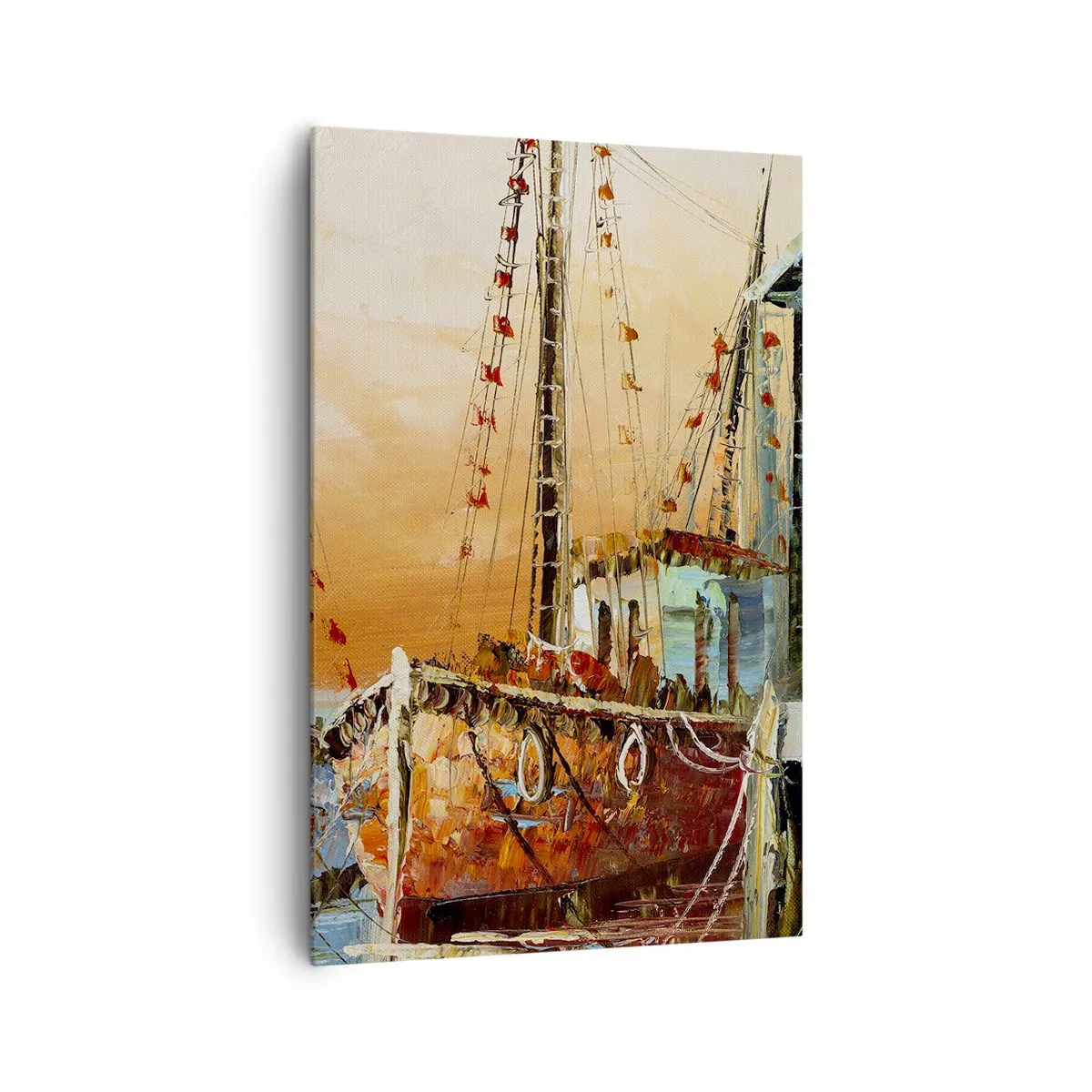Bild auf Leinwand - Leinwandbild - Boote am Ufer im warmen Licht des Sonnenuntergangs - 80x120cm - Friedliche Rückkehr - Moderne Wanddekoration für Wohnzimmer und Schlafzimmer ARTTOR