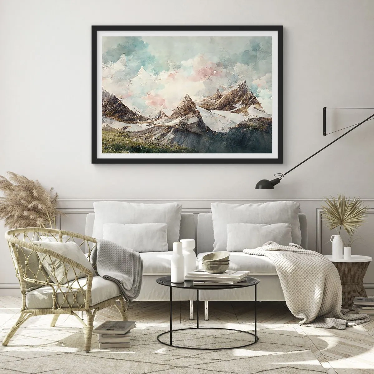 Poster in einem schwarzem Rahmen - Malerische Berge mit pastellfarbenem Himmel - 70x50cm - Felsklingen - Moderne Wanddekoration für Wohnzimmer und Schlafzimmer ARTTOR