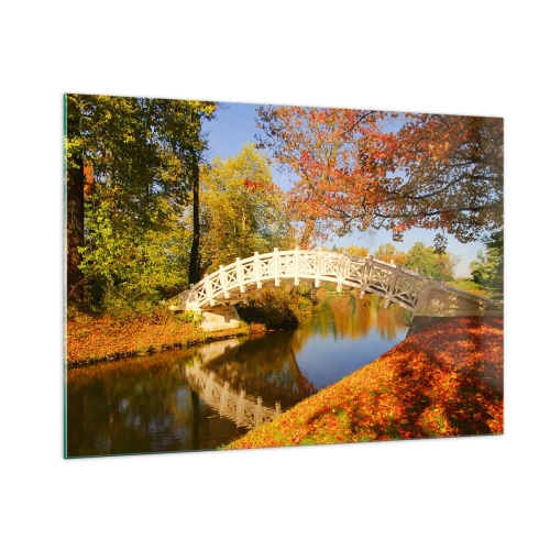 Glasbild - Bild auf glas - Eine Holzbrücke über einen Fluss, umgeben von Herbstfarben - 100x70cm - Auf der weißen Seufzerbrücke - Moderne Wanddekoration für Wohnzimmer und Schlafzimmer ARTTOR