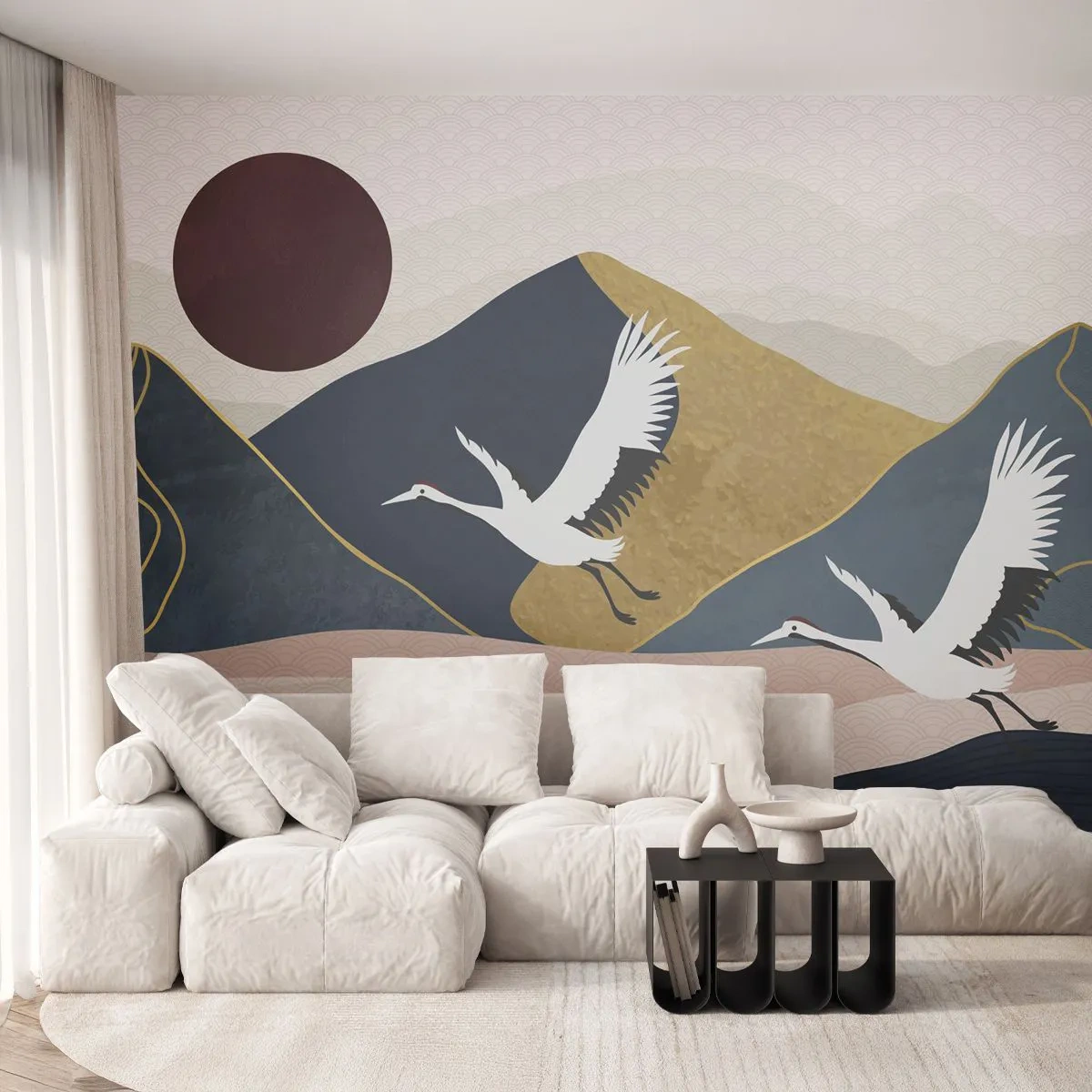 Fototapete Premium Sand - Es ist wieder ein Tag VERFLOGEN - Abstraktion, Kräne, Berge - 300x210 cm